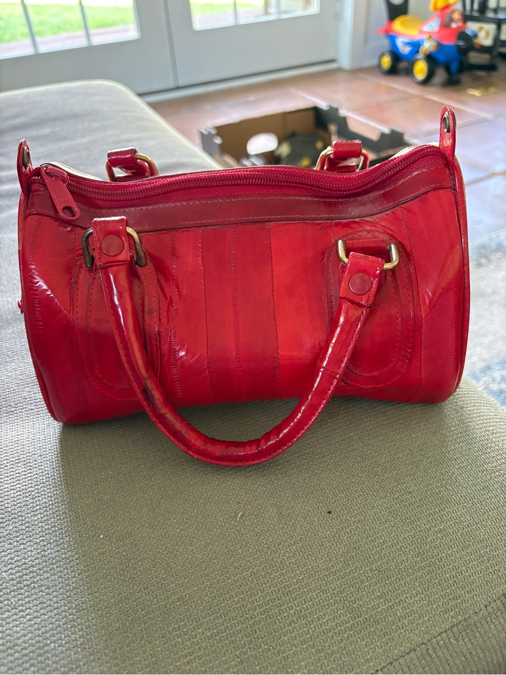 Glossy Red Patent Mini Barrel Bag with Dual Handles